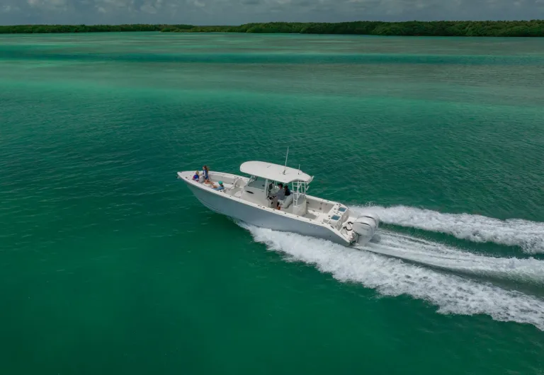 Aerial drone lifestyle shot of Cobia 320 CC with family running along a Florida mangrove coastline