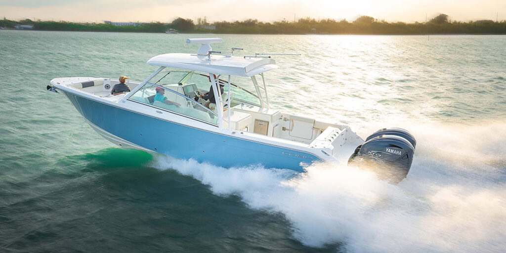 Cobia 330 Dual Console with Yamaha Twin Engines running.