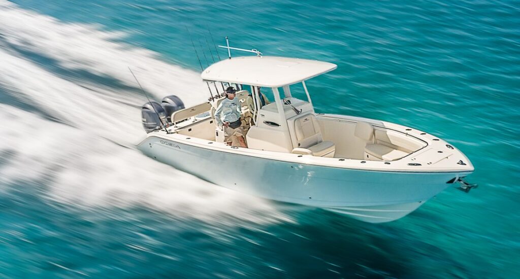 Cobia 262 Center Console with Yamaha Twin Engines running.